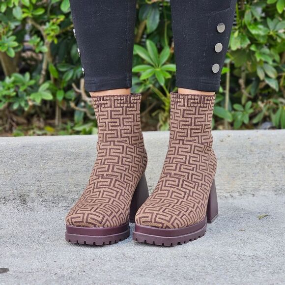 Women's Chunky Block Heel Sock Boots Print Color - Picture 2 of 5
